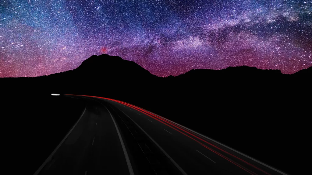night sky stars road mountain landscape
