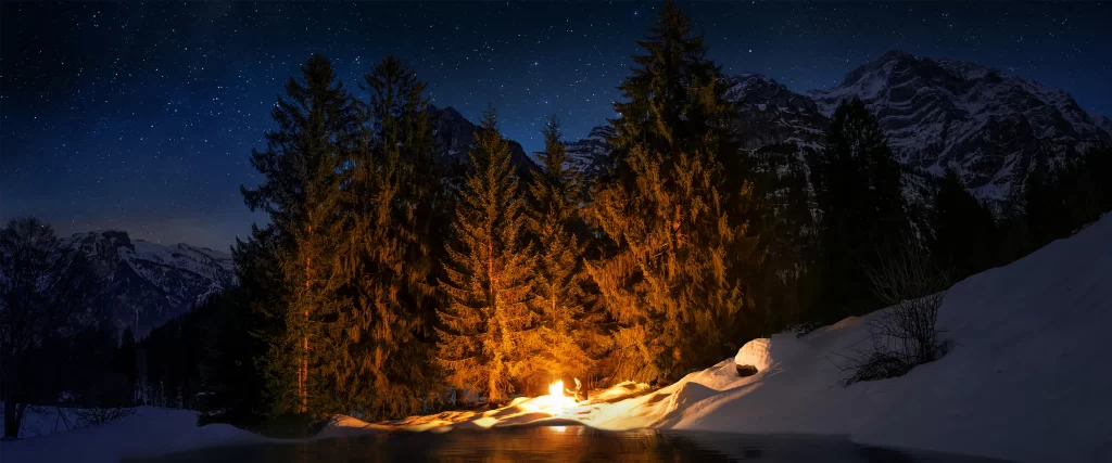 Night Snow Trees Mountains Campfire Stars
