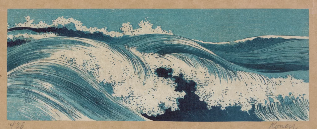 Ocean Waves Blue Hues White Foam Dynamic Motion Traditional Art Style