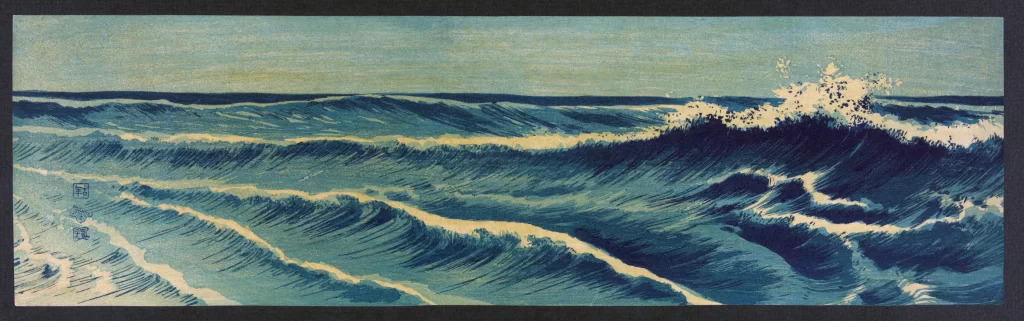 Ocean Waves Blue Hues White Foam Dynamic Motion Traditional Art Style