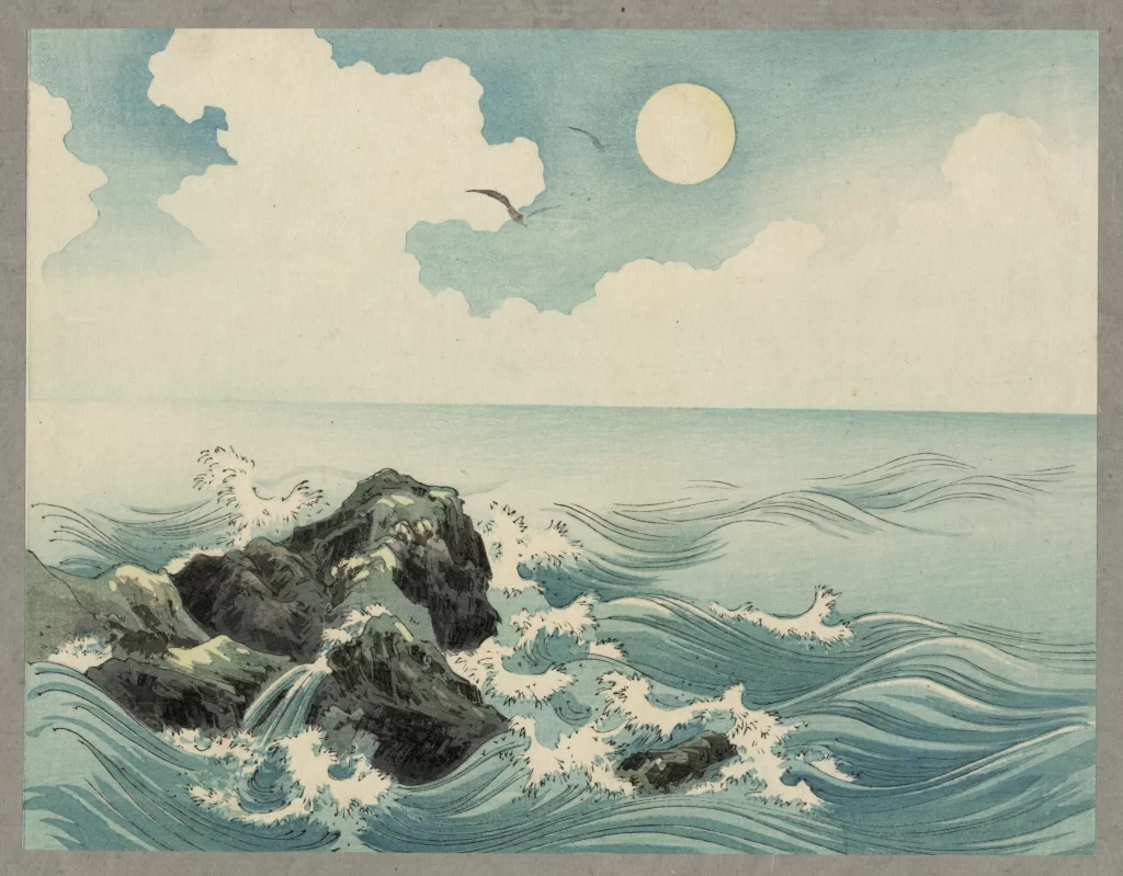 Ocean Waves Rocky Shore Blue Sky White Clouds Birds Moon