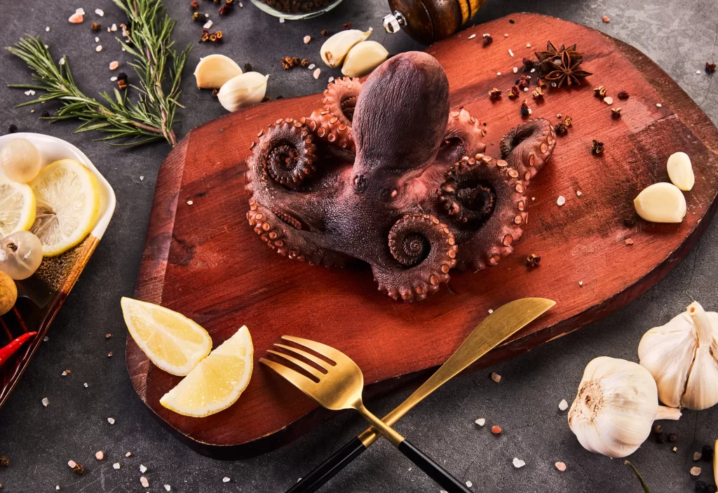 Octopus Whole Reddish-brown Wooden Board