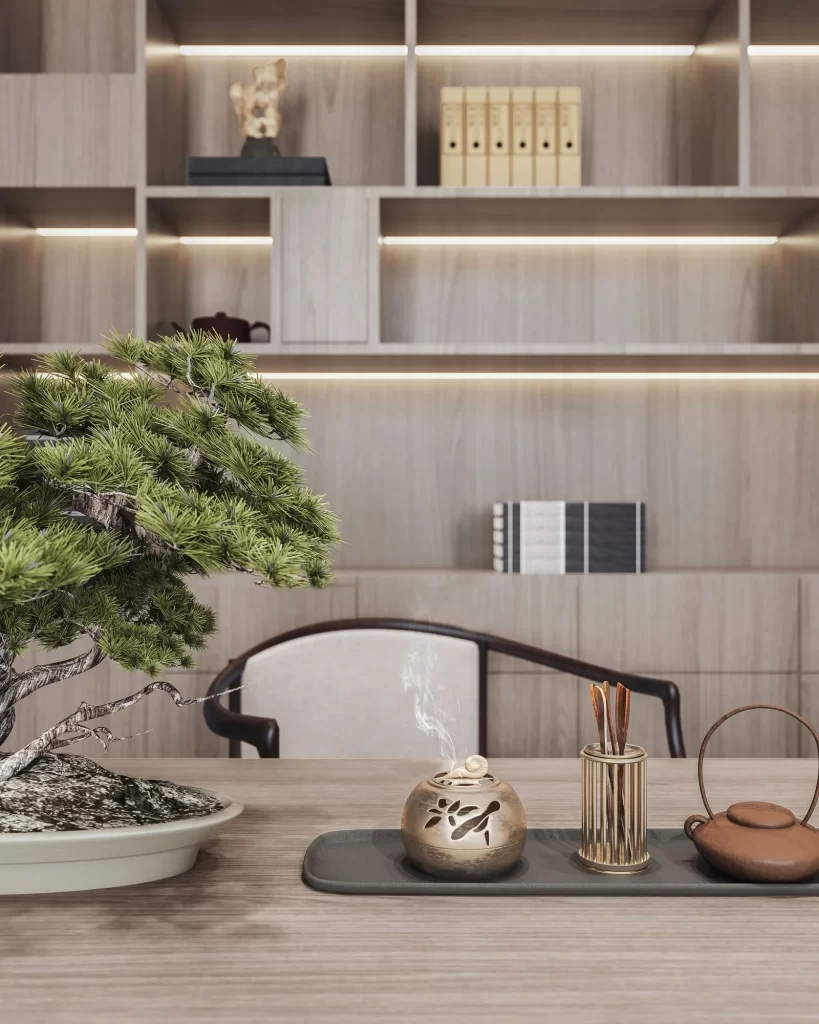 Office Study Neutral Wood Traditional Furniture Soft Lighting