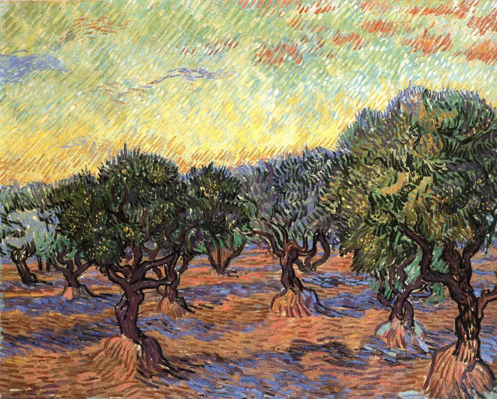 Olive Trees Orange Sky Van Gogh