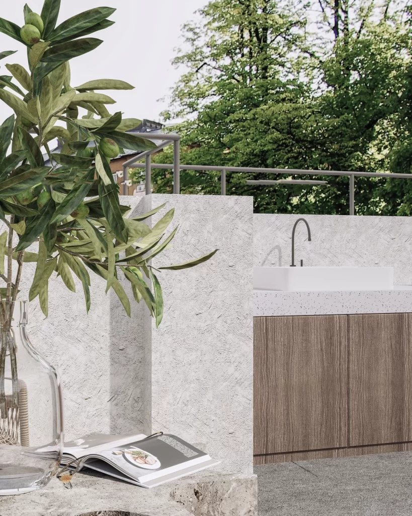 Outdoor Kitchen Neutral Tones Wooden Cabinets Stone Countertop Natural Light