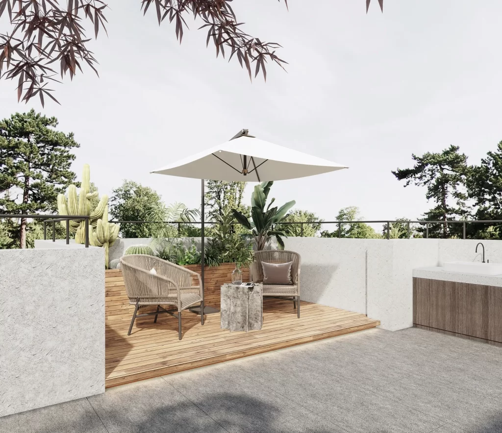 Outdoor Terrace Rustic Wooden Floor Neutral Tones Wicker Furniture Shade