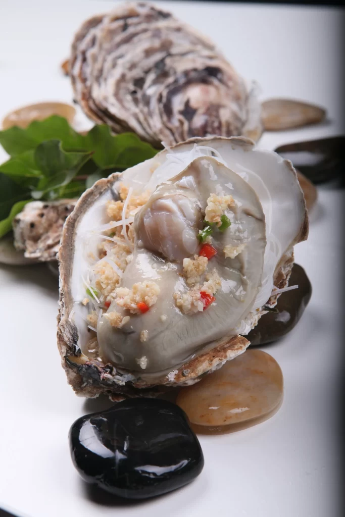 Oyster Raw Garnished Green Red