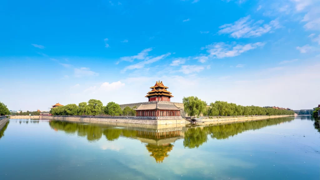 palace architecture reflection water sky trees