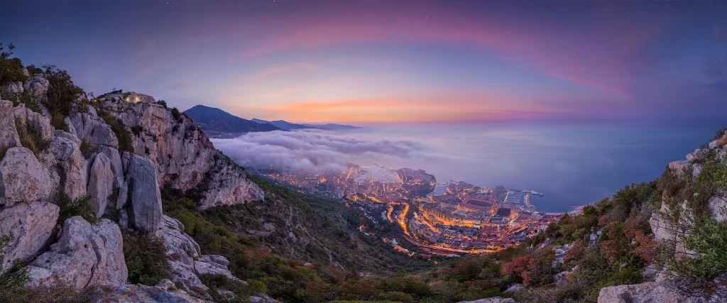 panoramic twilight coastal cityscape