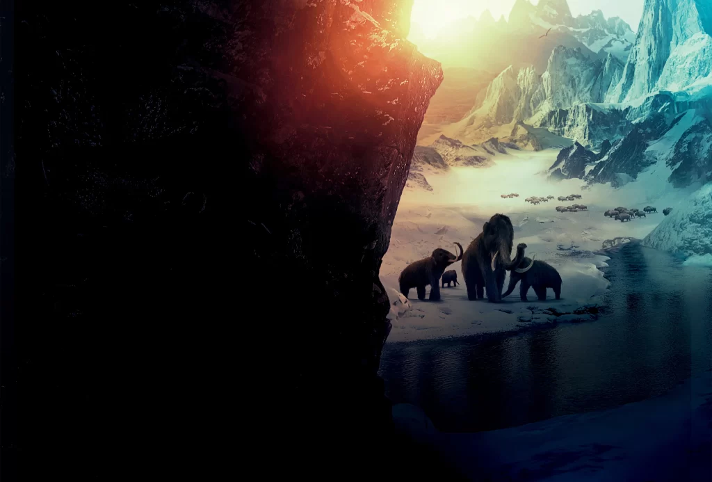 prehistoric mammoth snow mountain sunlight ice