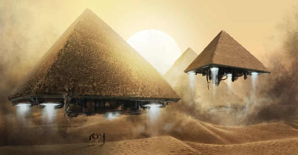 pyramids desert futuristic levitation sun sand exploration ancient