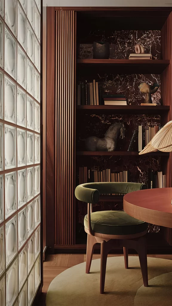 Quiet Luxury Reading Nook With Green Velvet Chair