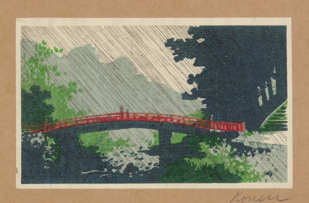Rainy Scene Red Bridge Green Foliage Traditional Art Serene Landscape