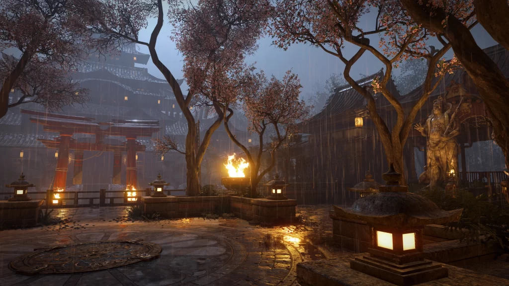 rainy traditional architecture lanterns trees serene