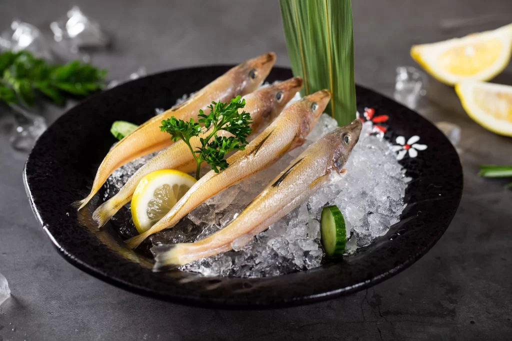 Raw Fish Fresh Ice Green Garnish Yellow Lemon