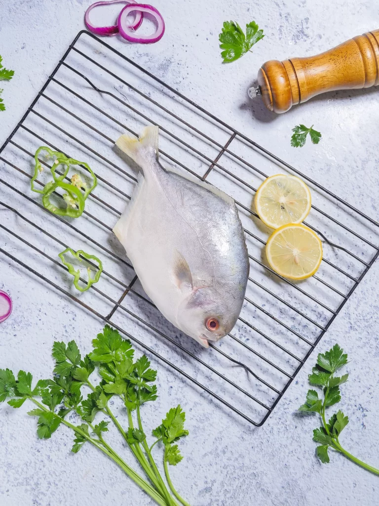 Raw Fish White Color Lemon Slices Green Herbs