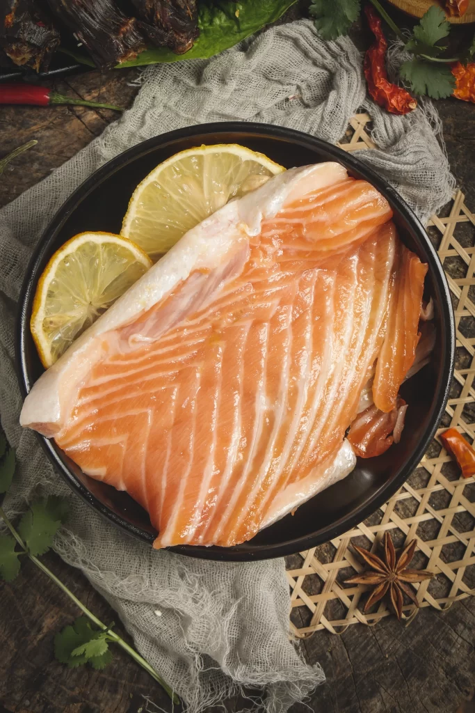 Raw Salmon Fillet Orange Color Lemon Slices