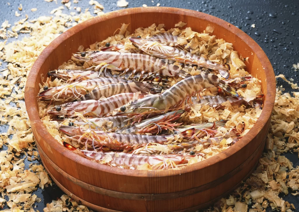 Raw Shrimp Brown Stripes Wooden Bowl