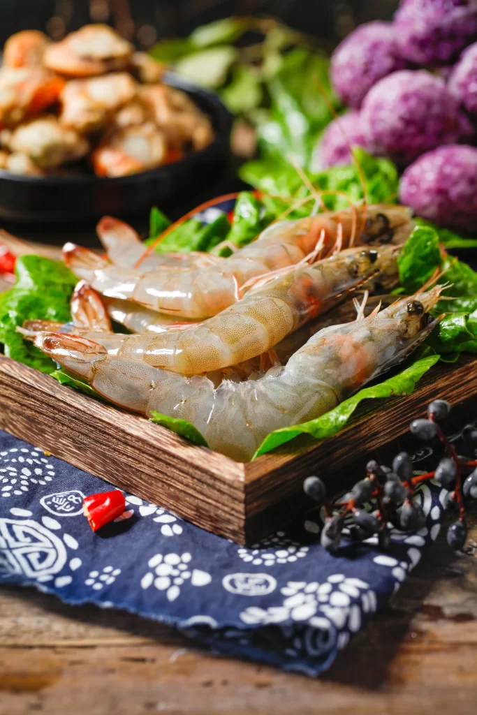 Raw Shrimp Green Lettuce Fresh Purple Berries