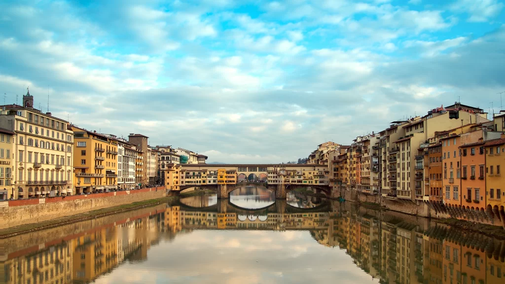 river bridge buildings reflection sky