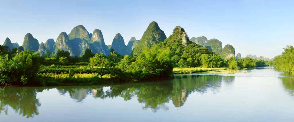River Mountains Greenery Reflection Clear Sky Tranquility