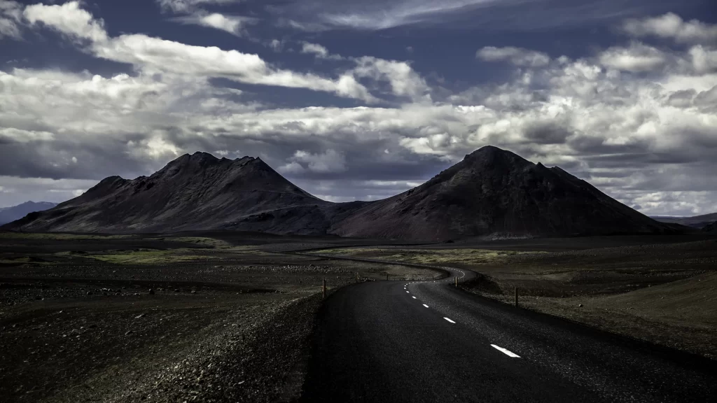road mountains landscape sky clouds