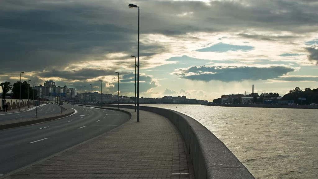 Road Water Sky Clouds Buildings Bridge
