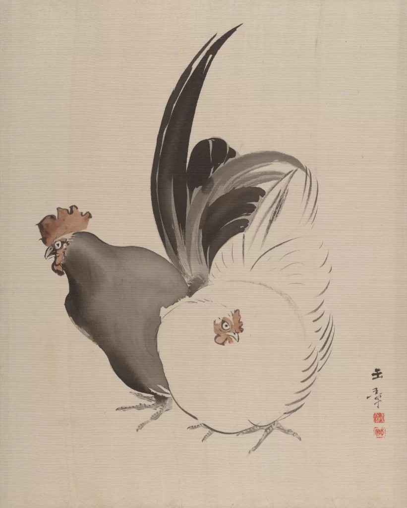 Rooster Chickens Ink Wash Artistic Kawabata Gyokusho