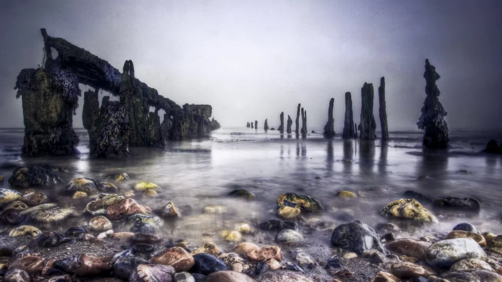 ruins water stones sky reflection desolate