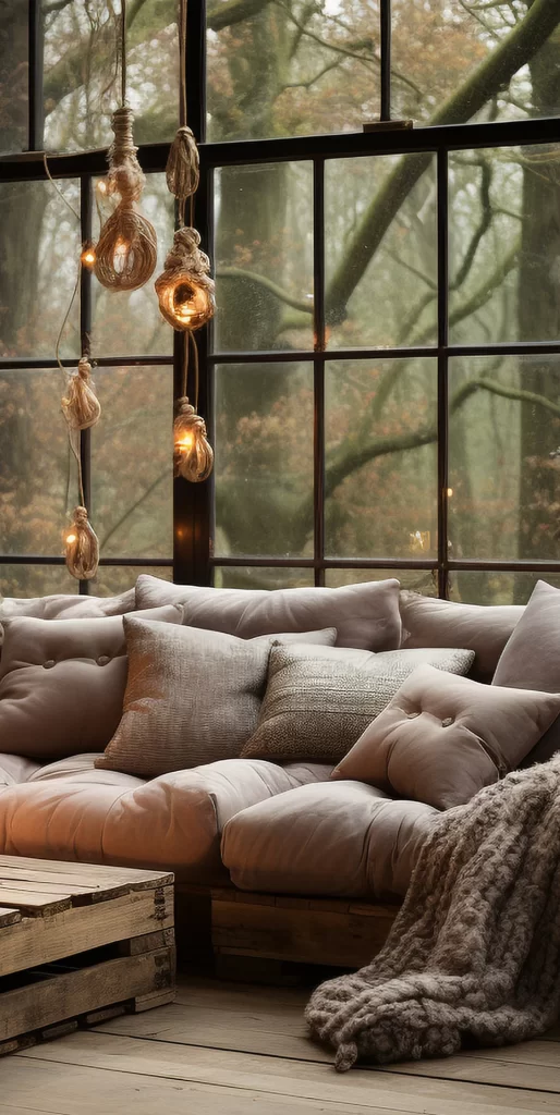 Rustic Living Room with Rope Pendant Lights and Forest View