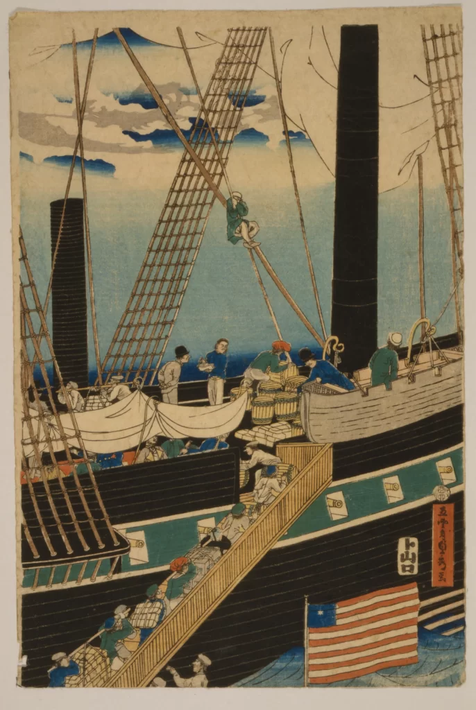 Sailing Ship People American Flag Clouds Traditional Art
