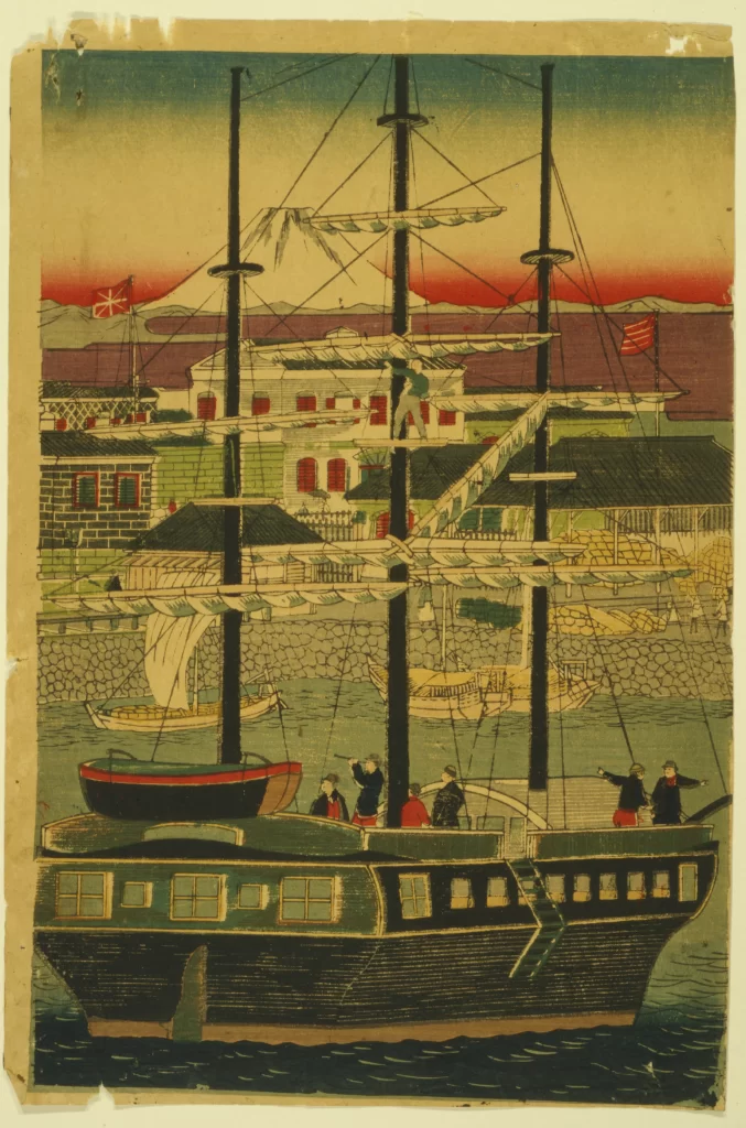 Sailing Ship Traditional Art Harbor Buildings Mountain Red Sky