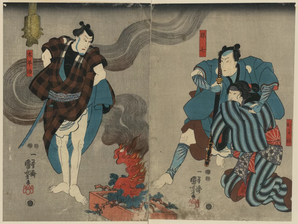 Samurai Traditional Attire Dynamic Pose Vibrant Colors Historical Scene Japanese Art