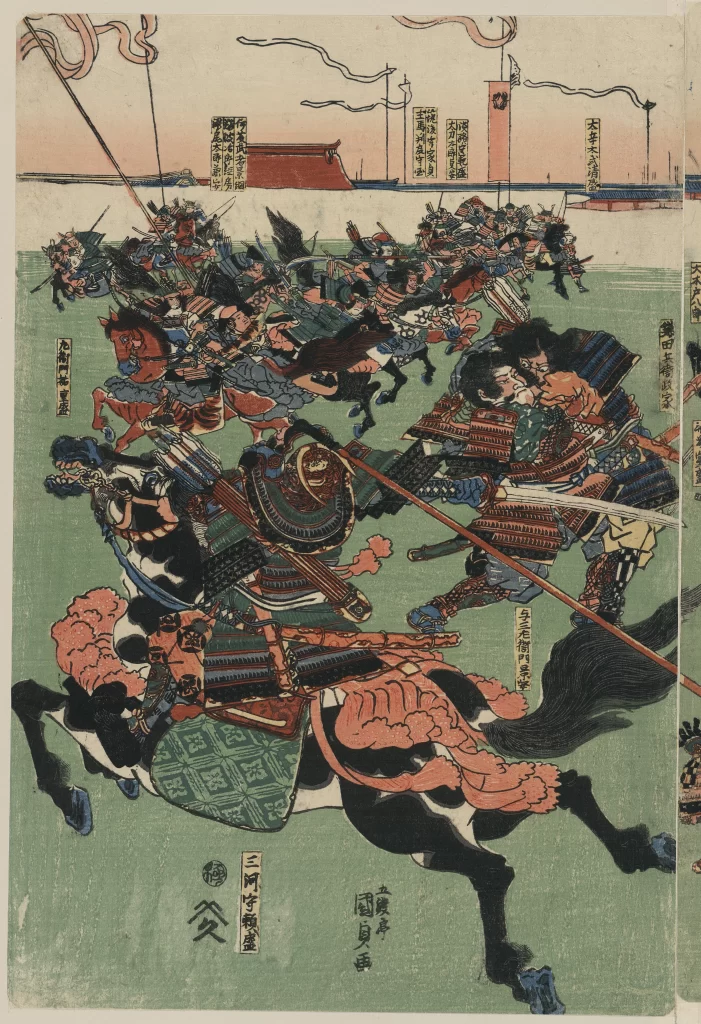 Samurai Warriors Battle Scene Traditional Armor Vibrant Colors Dynamic Composition Japanese Art