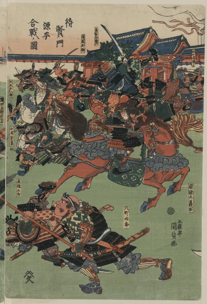 Samurai Warriors Dynamic Battle Traditional Japanese Vibrant Colors Detailed Armor Historical Scene
