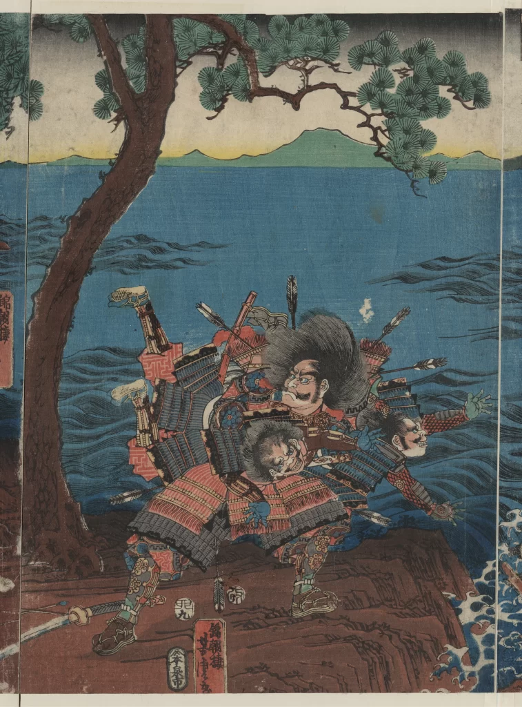 Samurai Warriors Traditional Armor Dynamic Action Blue And Red Hues Japanese Ukiyo-E Style