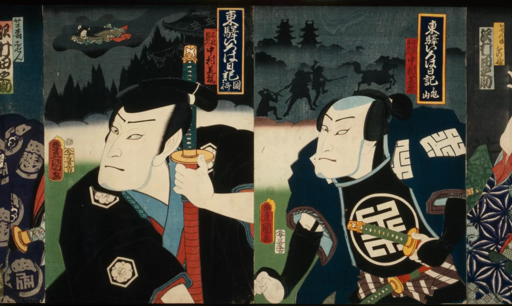 Samurai Warriors Traditional Japanese Attire Ukiyo-e Art Dramatic Scene Historical Narrative