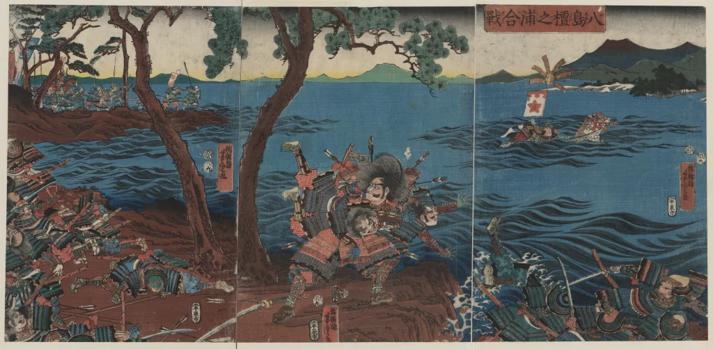 Samurai Warriors Traditional Japanese Battle Scene Blue And Red Woodblock Print