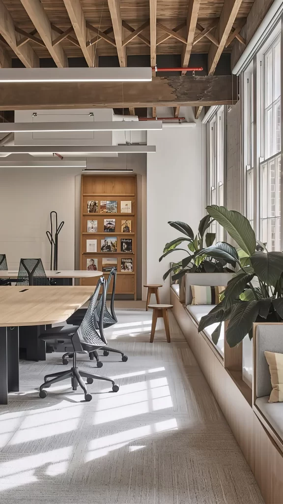 Scandinavian Industrial Office With Window Bench