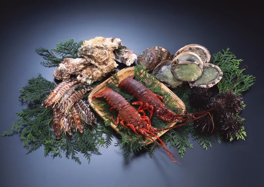 Seafood Platter Lobsters Oysters Shrimp Greenery Dark Background