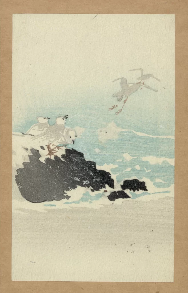 Seagulls Ocean Rocks Blue White Minimalist