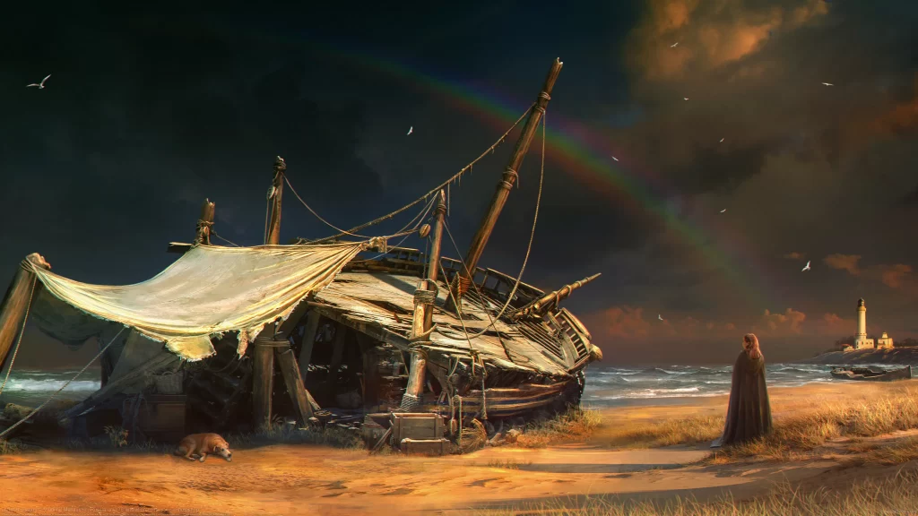 shipwreck beach rainbow lighthouse clouds sunset