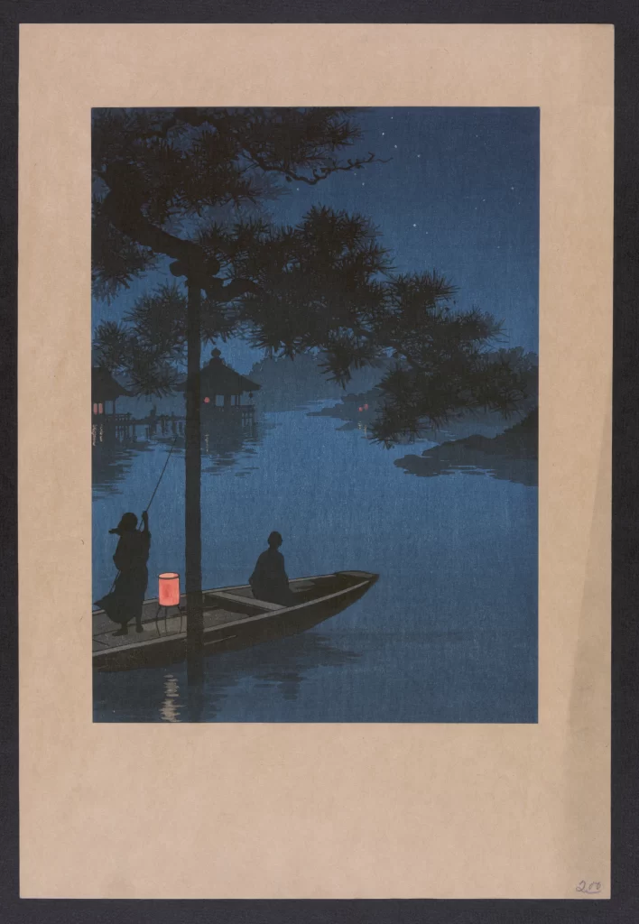 Silhouette Night Boat Lantern Blue Traditional