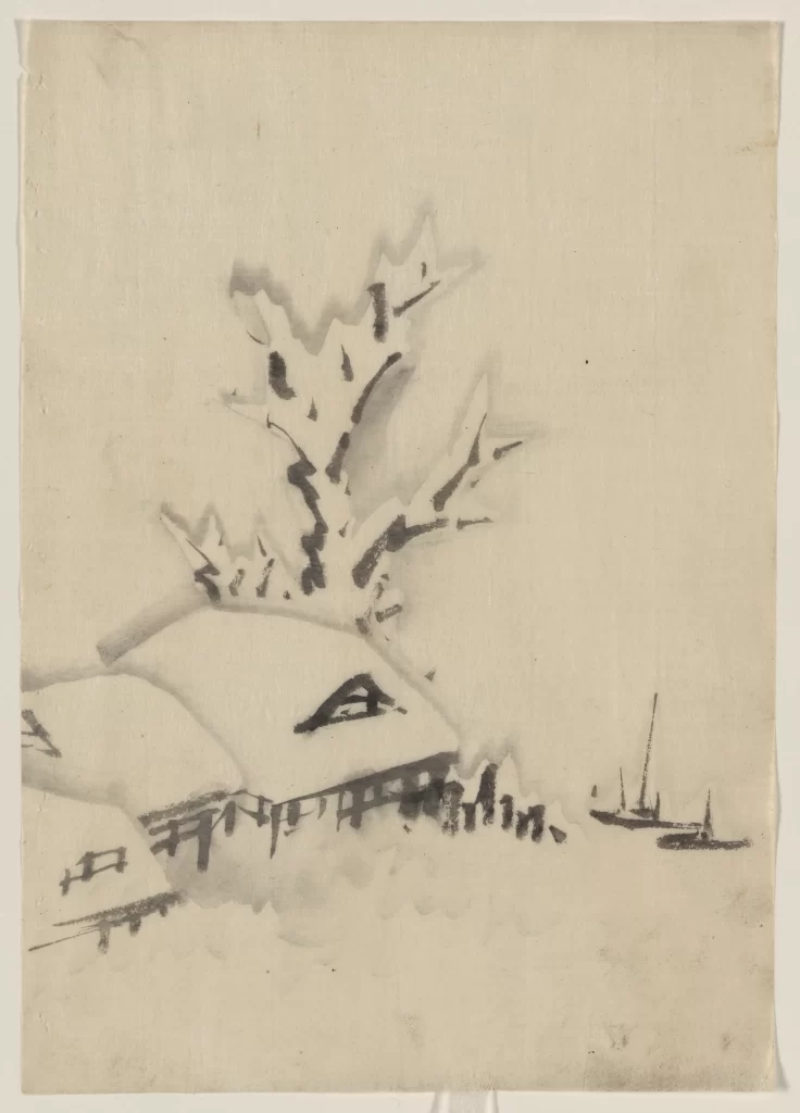 Snow-Covered Roof Tree Branches Winter Landscape