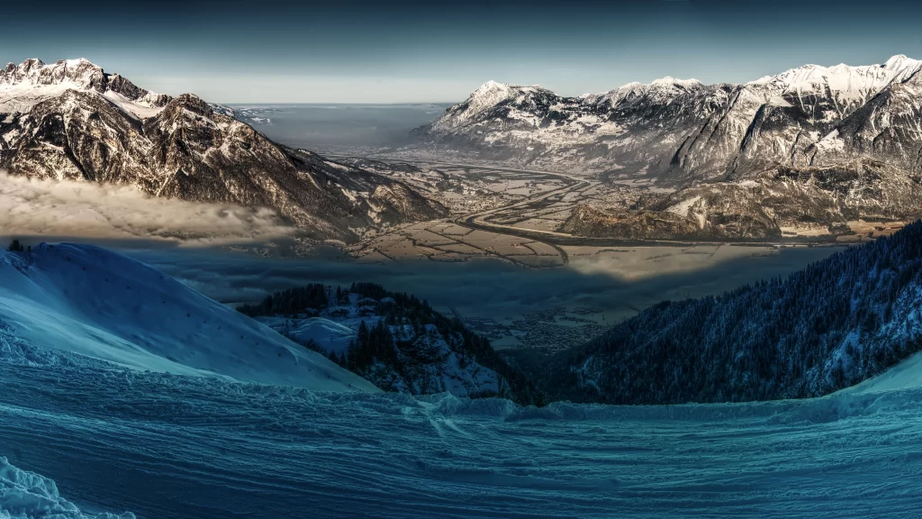 snow mountain landscape valley sky