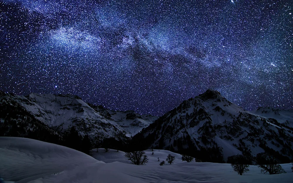 snow mountain starry sky night landscape