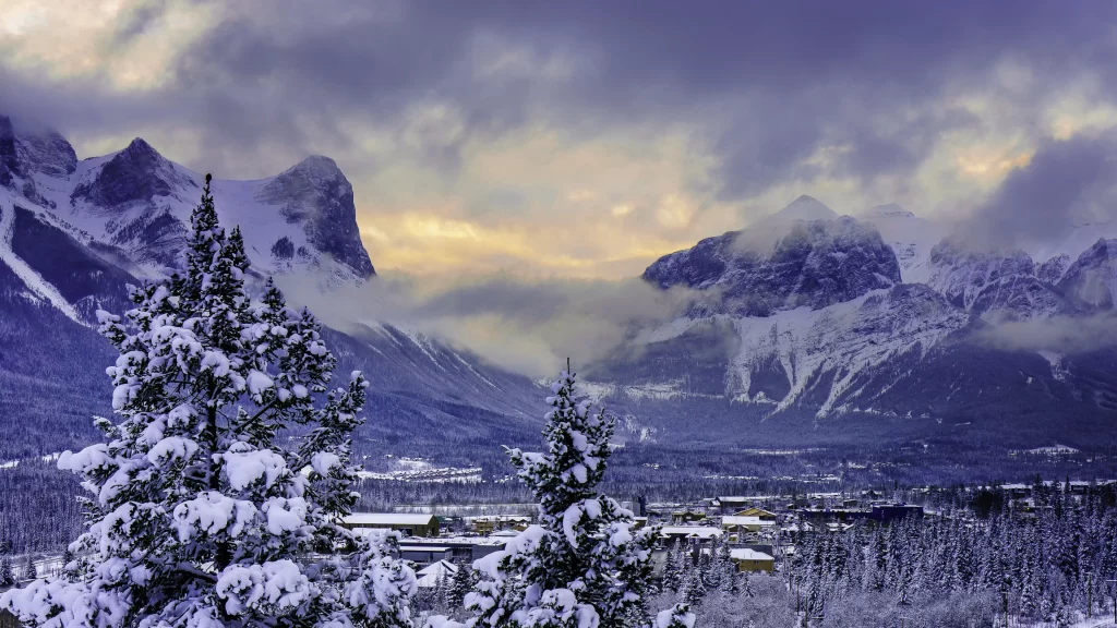 snow mountain trees sky clouds