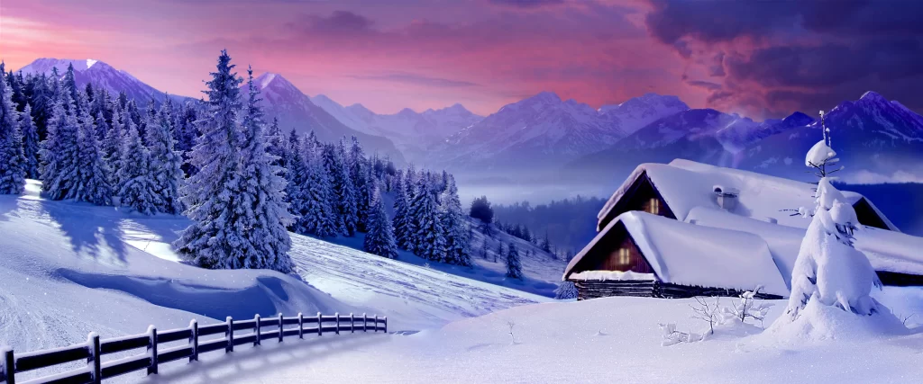 Snowy Landscape Mountain Cabin Trees Twilight Serene
