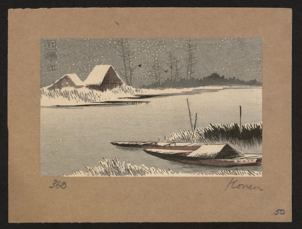 Snowy Landscape Traditional Houses Boats Serene Monochrome