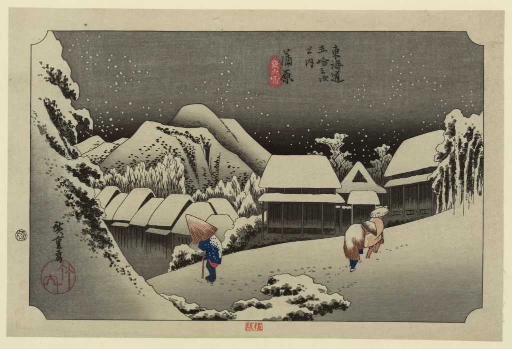 Snowy Landscape Traditional Houses Figures Monochrome Japanese Art